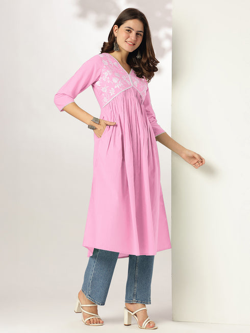 Light Pink Pure Cotton Yoke Embroidered A-line Kurta