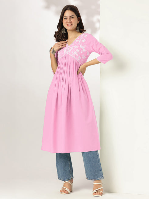 Light Pink Pure Cotton Yoke Embroidered A-line Kurta