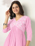 Light Pink Pure Cotton Yoke Embroidered A-line Kurta