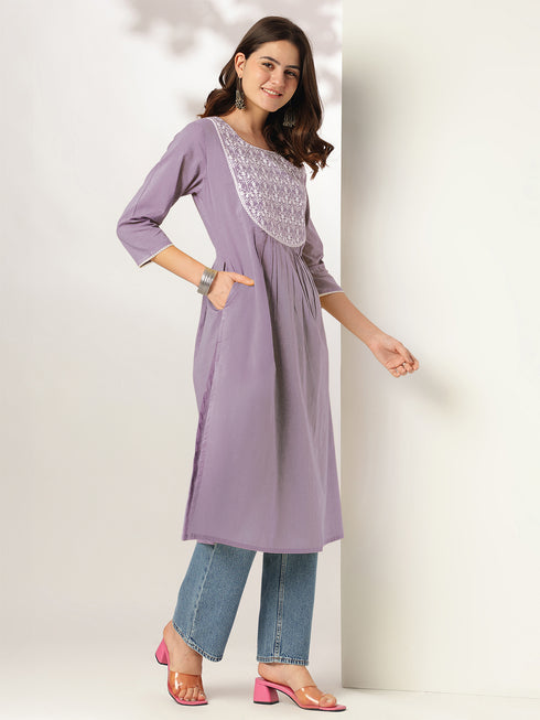 Janasya Women's Lavender Pure Cotton Yoke Embroidered A-line Kurta