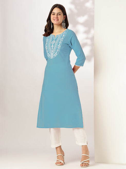 Janasya Women's Light Blue Pure Cotton Yoke Embroidered Straight Kurta