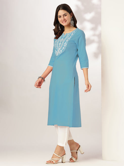 Janasya Women's Light Blue Pure Cotton Yoke Embroidered Straight Kurta