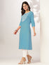 Janasya Women's Light Blue Pure Cotton Yoke Embroidered Straight Kurta