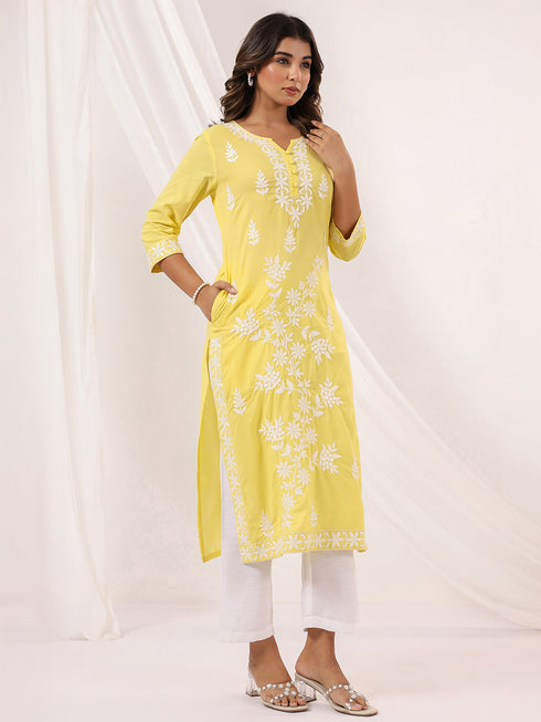 Janasya Women's Yellow Pure Cotton Embroidered Straight Kurta