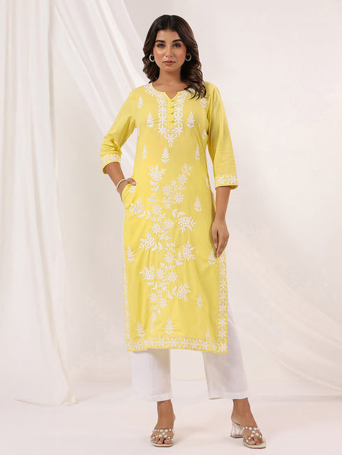 Janasya Women's Yellow Pure Cotton Embroidered Straight Kurta