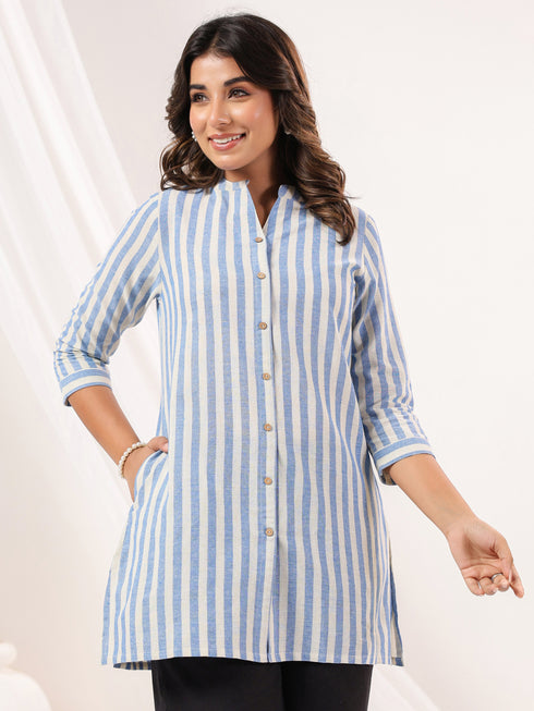 Janasya Women's White Cotton Striped Straight Short Kurti