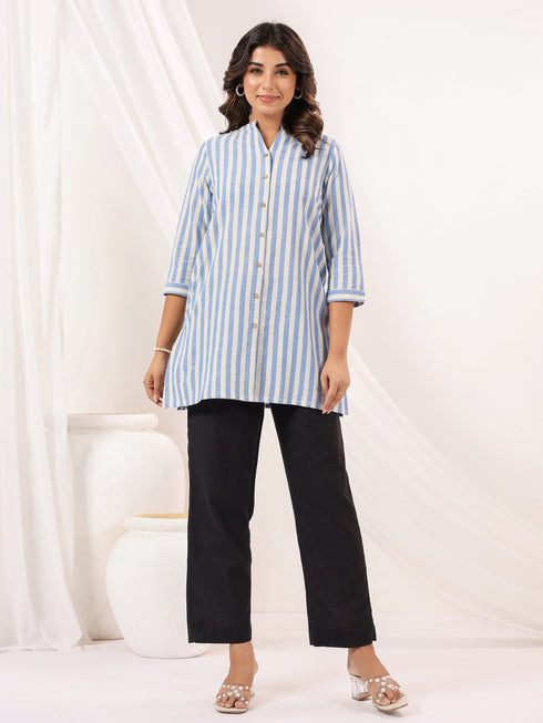 Janasya Women's White Cotton Striped Straight Short Kurti