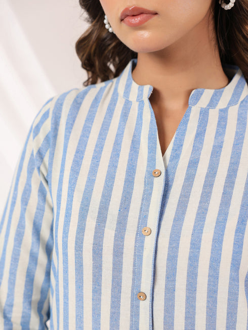 Janasya Women's White Cotton Striped Straight Short Kurti