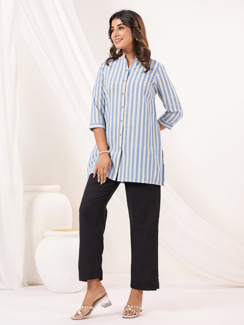 Janasya Women's White Cotton Striped Straight Short Kurti