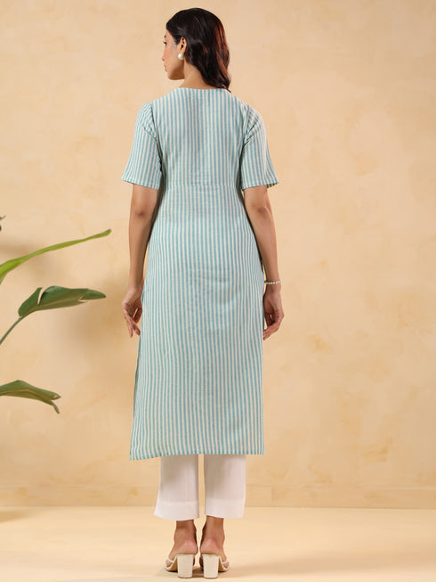 Janasya Women's White & Turquoise Cotton Striped Straight Kurta