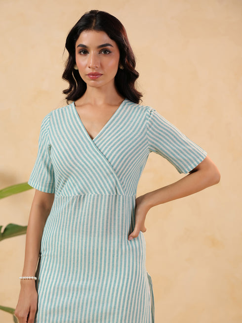 Janasya Women's White & Turquoise Cotton Striped Straight Kurta