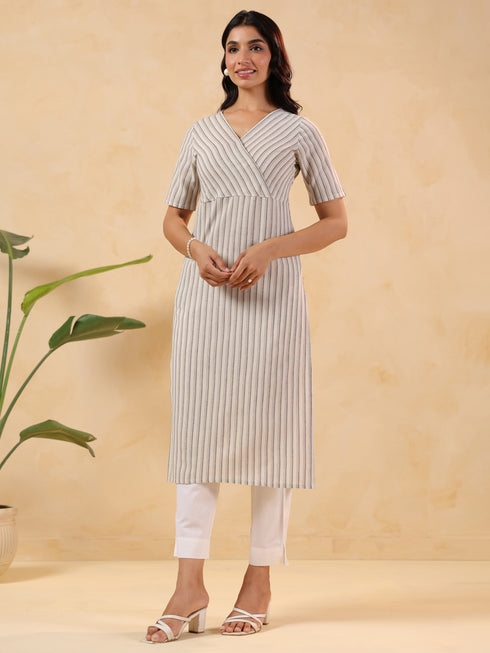 Janasya Women's Off White Cotton Striped Straight Kurta