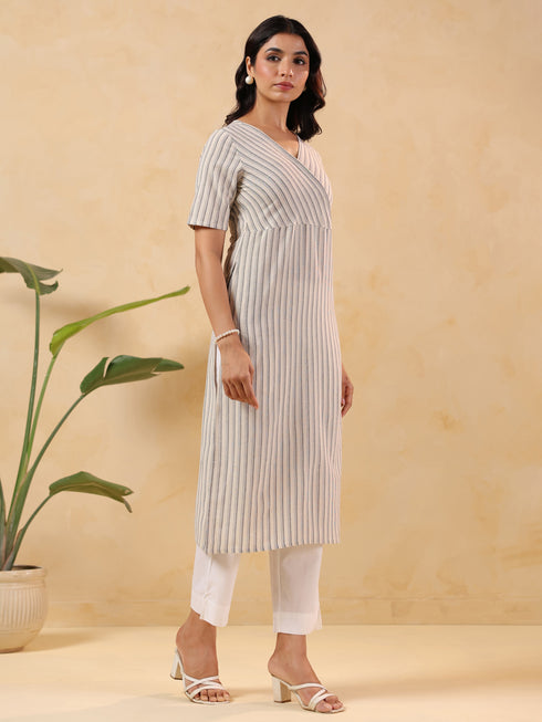Janasya Women's Off White Cotton Striped Straight Kurta