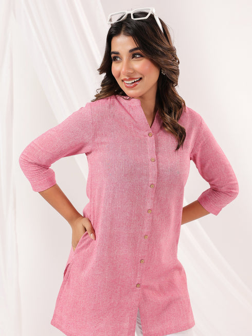 Janasya Women's Pink Cotton Solid Straight Short Kurti