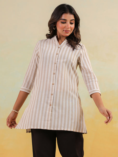 Janasya Women's Beige Cotton Striped Straight Short Kurti