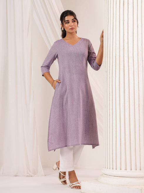 Janasya Women's Purple Cotton Solid Straight Kurta