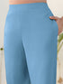Light Blue Cotton Blend Solid Straight Pant