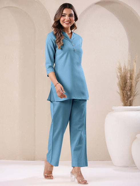 Light Blue Cotton Blend Solid Straight Pant