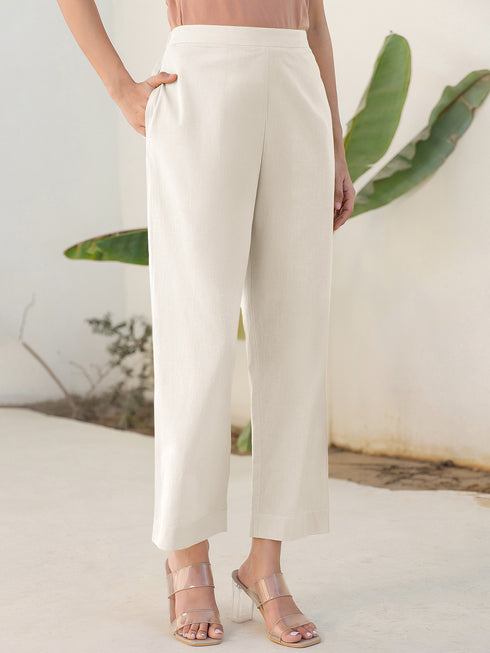 Off White Cotton Solid Staright Pant