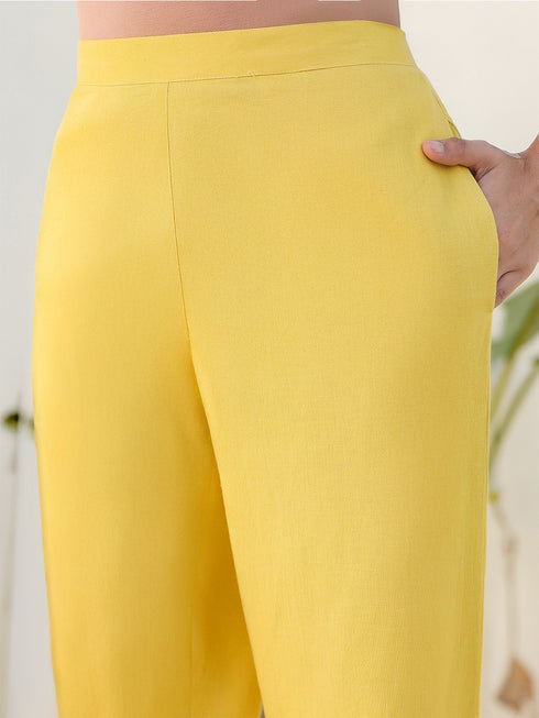 Yellow Cotton Solid Straight Pant