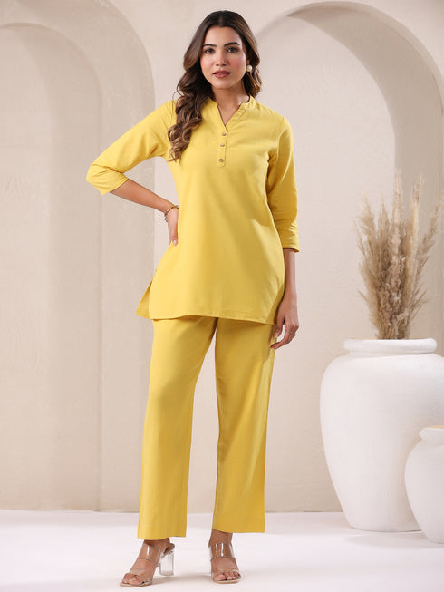 Yellow Cotton Solid Straight Pant
