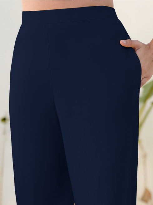 Navy Blue Cotton Solid Straight Pant