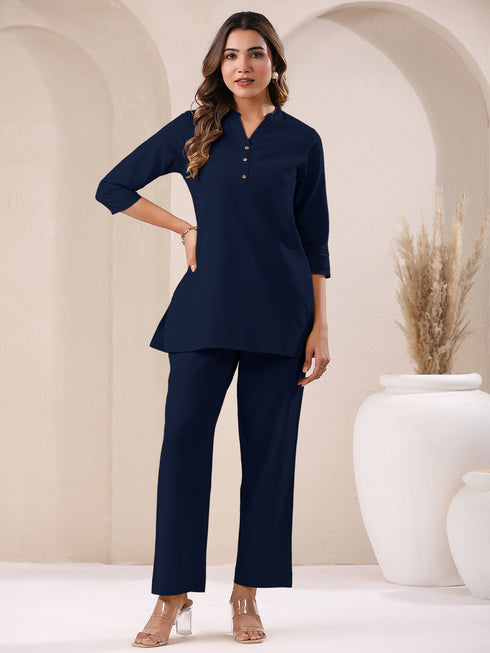Navy Blue Cotton Solid Straight Pant