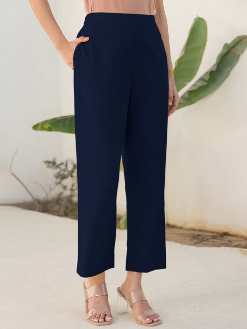 Navy Blue Cotton Solid Straight Pant