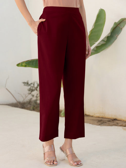 Maroon Cotton Blend Solid Straight Pant