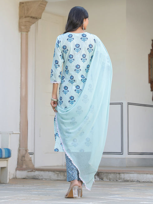 Blue Pure Cotton Floral Printed Straight Kurta Set