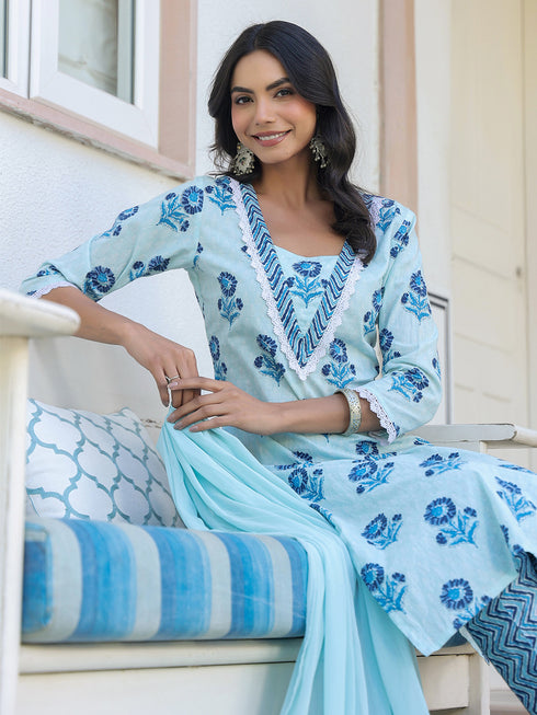 Blue Pure Cotton Floral Printed Straight Kurta Set