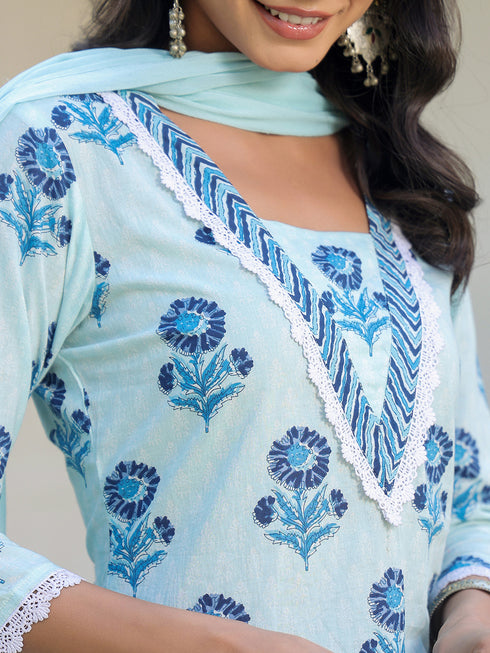 Blue Pure Cotton Floral Printed Straight Kurta Set