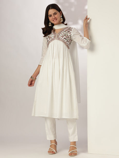 White Dobby Pure Cotton Embroidered A-line Kurta Set