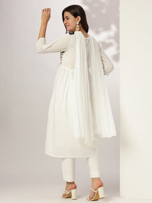 White Dobby Pure Cotton Embroidered A-line Kurta Set