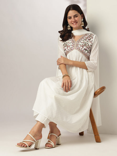 White Dobby Pure Cotton Embroidered A-line Kurta Set