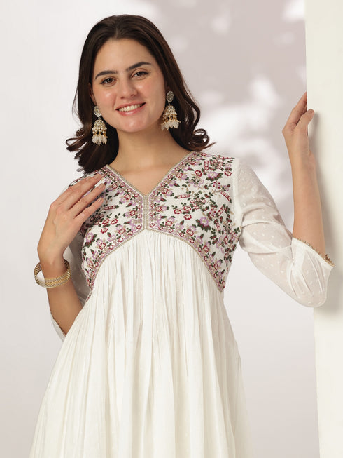 White Dobby Pure Cotton Embroidered A-line Kurta Set
