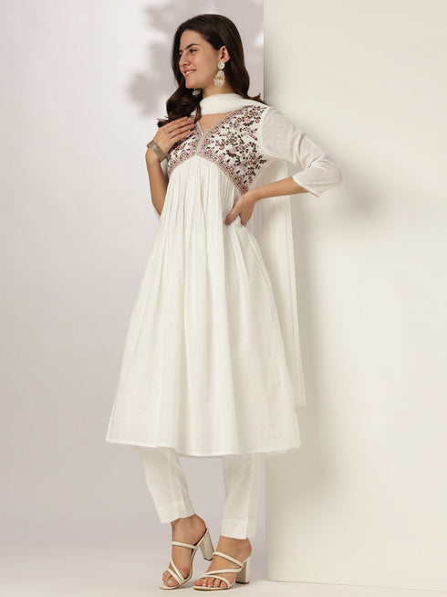 White Dobby Pure Cotton Embroidered A-line Kurta Set
