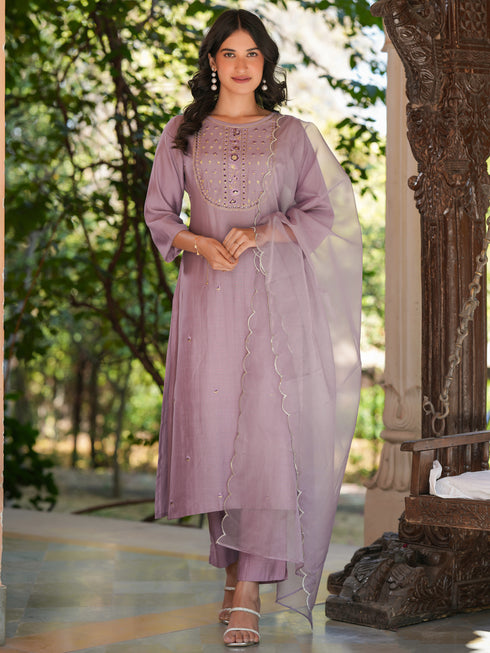 Lavender Silk Blend Embroidered Straight Kurta Set