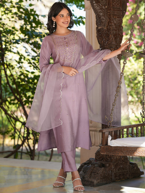 Lavender Silk Blend Embroidered Straight Kurta Set