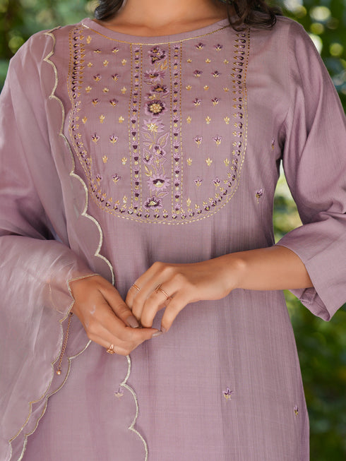 Lavender Silk Blend Embroidered Straight Kurta Set