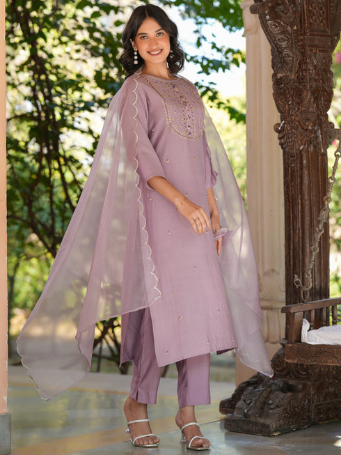 Lavender Silk Blend Embroidered Straight Kurta Set