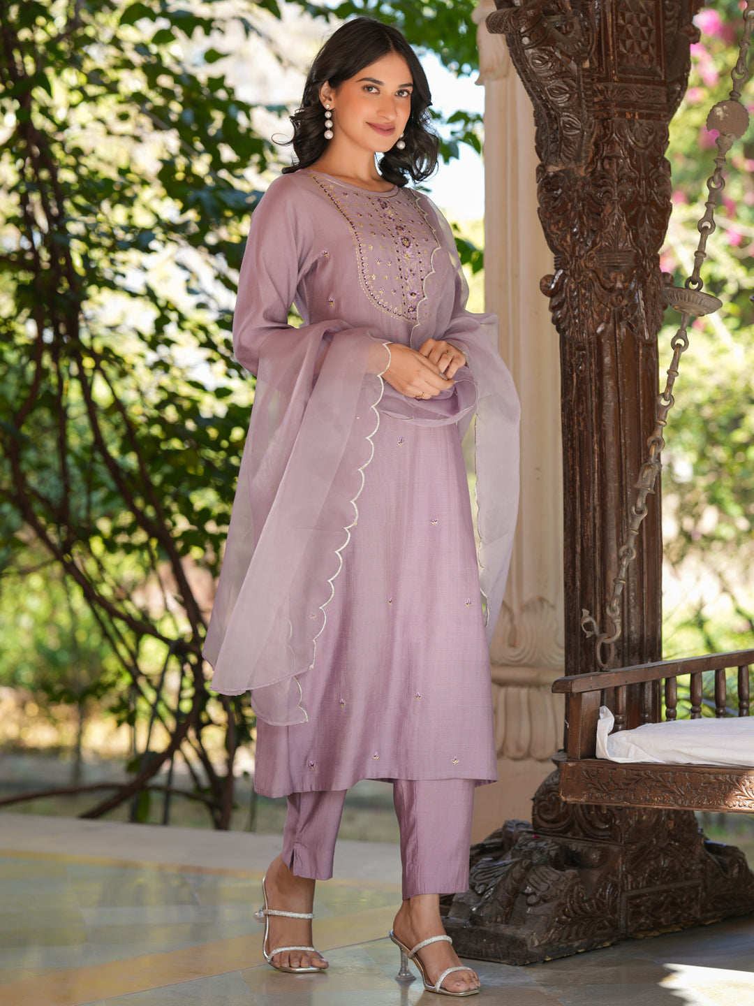 Lavender Silk Blend Embroidered Straight Kurta Set