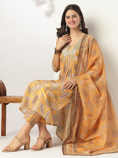 Mustard Silk Blend Floral Printed Straight Kurta Set