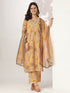 Mustard Silk Blend Floral Printed Straight Kurta Set