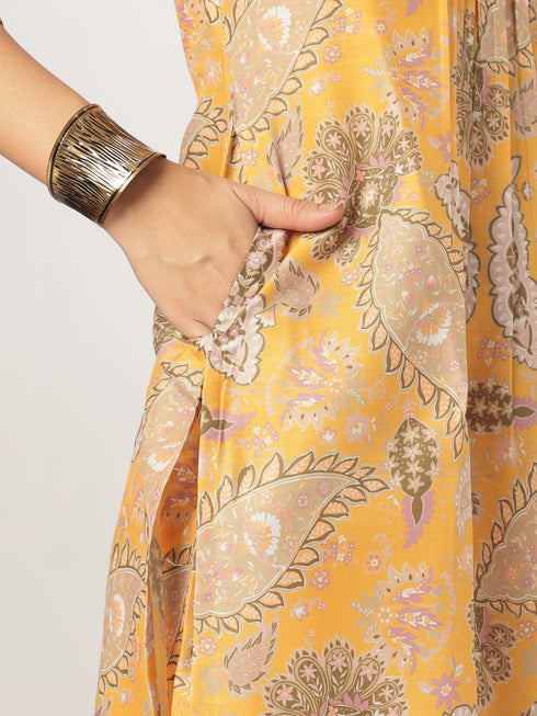 Mustard Silk Blend Floral Printed Straight Kurta Set