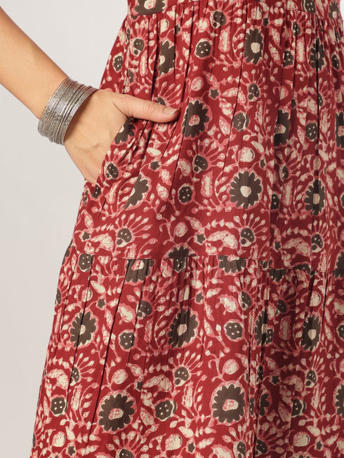 Maroon Pure Cotton Floral Printed Tiered Kurta Set