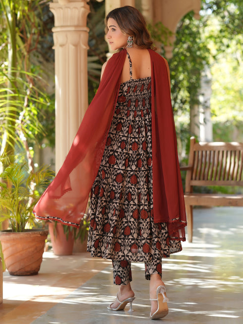 Black Pure Cotton Floral Printed Tiered Kurta Set