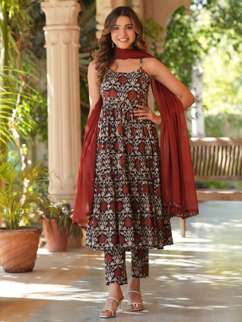 Black Pure Cotton Floral Printed Tiered Kurta Set