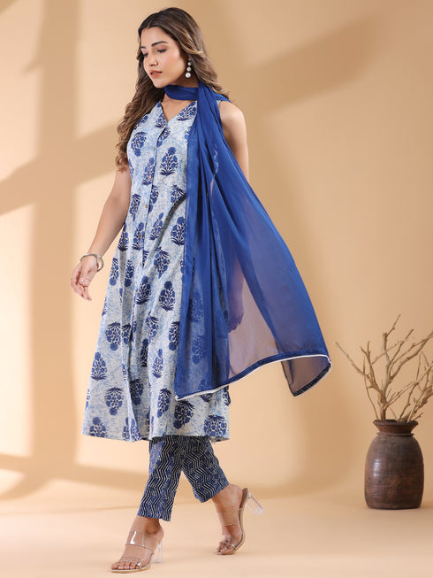 Indigo Pure Cotton Floral Printed A-line Kurta Set