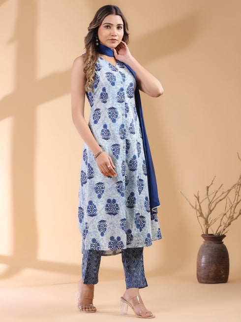 Indigo Pure Cotton Floral Printed A-line Kurta Set